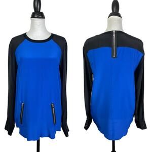Fifteen Twenty | NWT Blue Black Colorblock Zipper Long Sleeve Flowy Silk Blouse